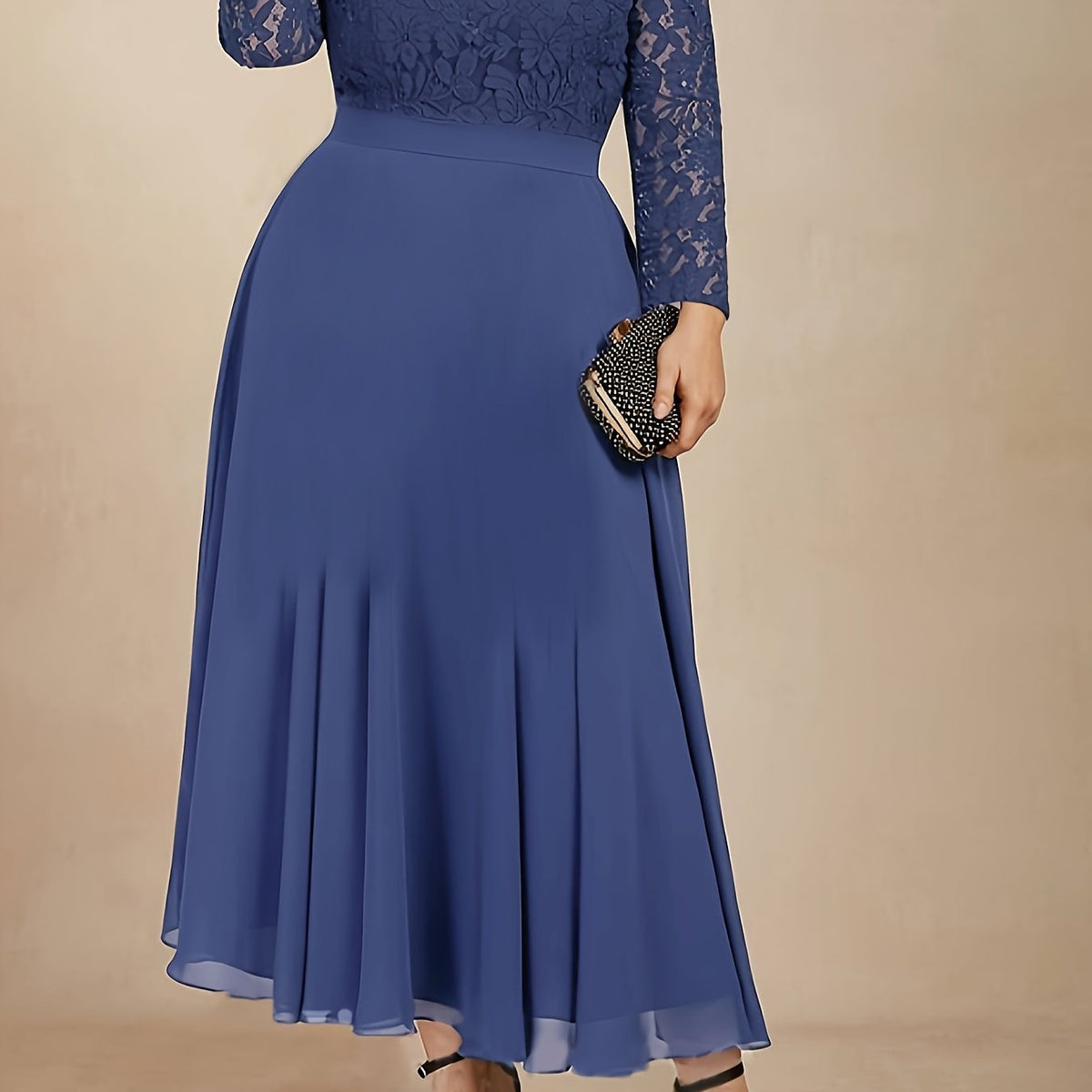 vlovelaw  Plus Size Contrast Lace Bridesmaid Dress, Elegant Crew Neck Long Sleeve Midi Dress For Wedding Party, Women's Plus Size Clothing