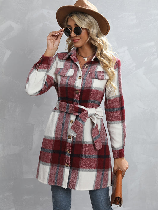 Button Plaid Tie Waist Jacket, Casual Long Sleeve Jacket For Fall & Winter, Women's Clothing