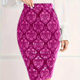 vlovelaw Plus Size Elegant Skirt, Women's Plus Damask Print Elastic High Rise Pencil Skirt