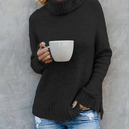 Solid Turtle Neck Pullover Sweater, Casual Long Sleeve Split Sweater For Fall & Winter, Women's Clothing