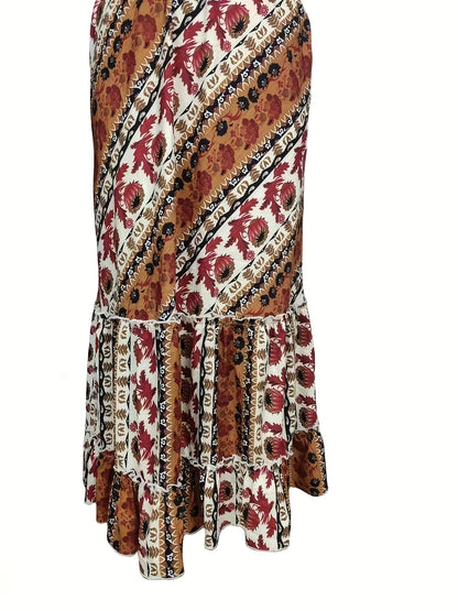 Plus Size Retro Skirt, Women's Plus Tribal Print Ruffle Trim Pleated Smock Maxi Skirt