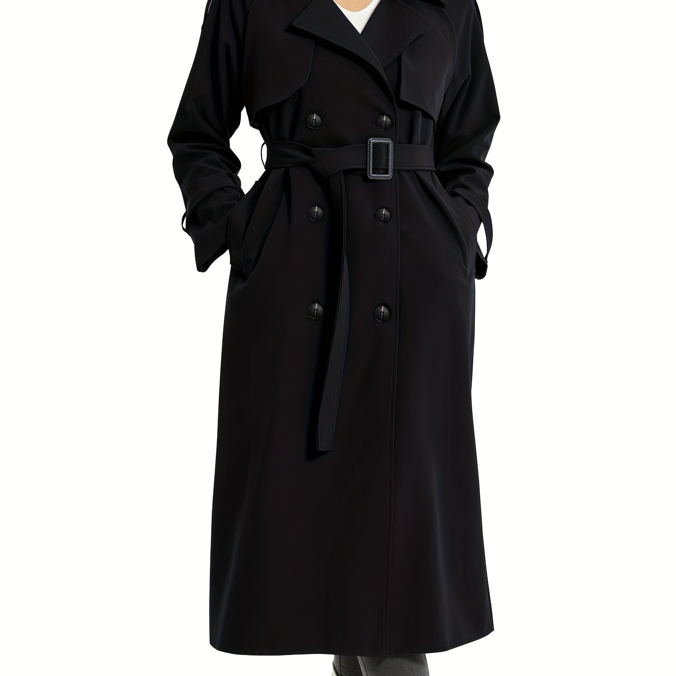 vlovelaw  Double Breasted With Pocket Trench Coat, Casual Long Sleeve Belted Trench Coat, Women's Clothing