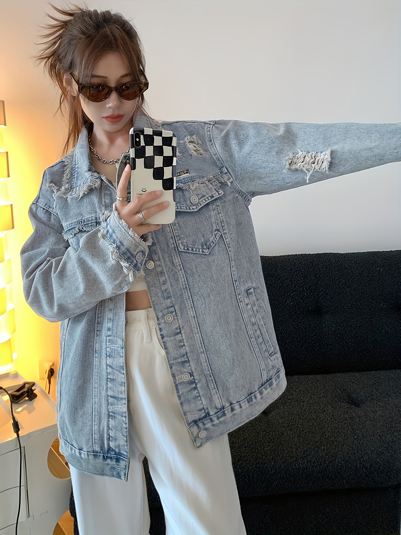 Blue Ripped Holes Lapel Denim Coat, Long Sleeves Raw Trim Chic Denim Jacket, Women's Denim Clothing