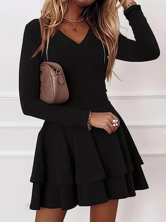 vlovelaw Solid Layered Dress, Casual V Neck Long Sleeve Dress, Women's Clothing