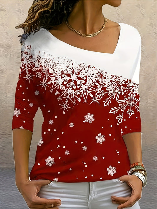 vlovelaw Snowflake Print Slant V Neck T-Shirt, Casual Long Sleeve Top For Spring & Fall, Women's Clothing