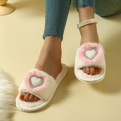 Rhinestone Heart Fluffy Home Slippers, Soft Sole Lightweight Plush Lined Bedroom Slippers, Non-slip Cozy Floor Slippers, Winter & Autumn