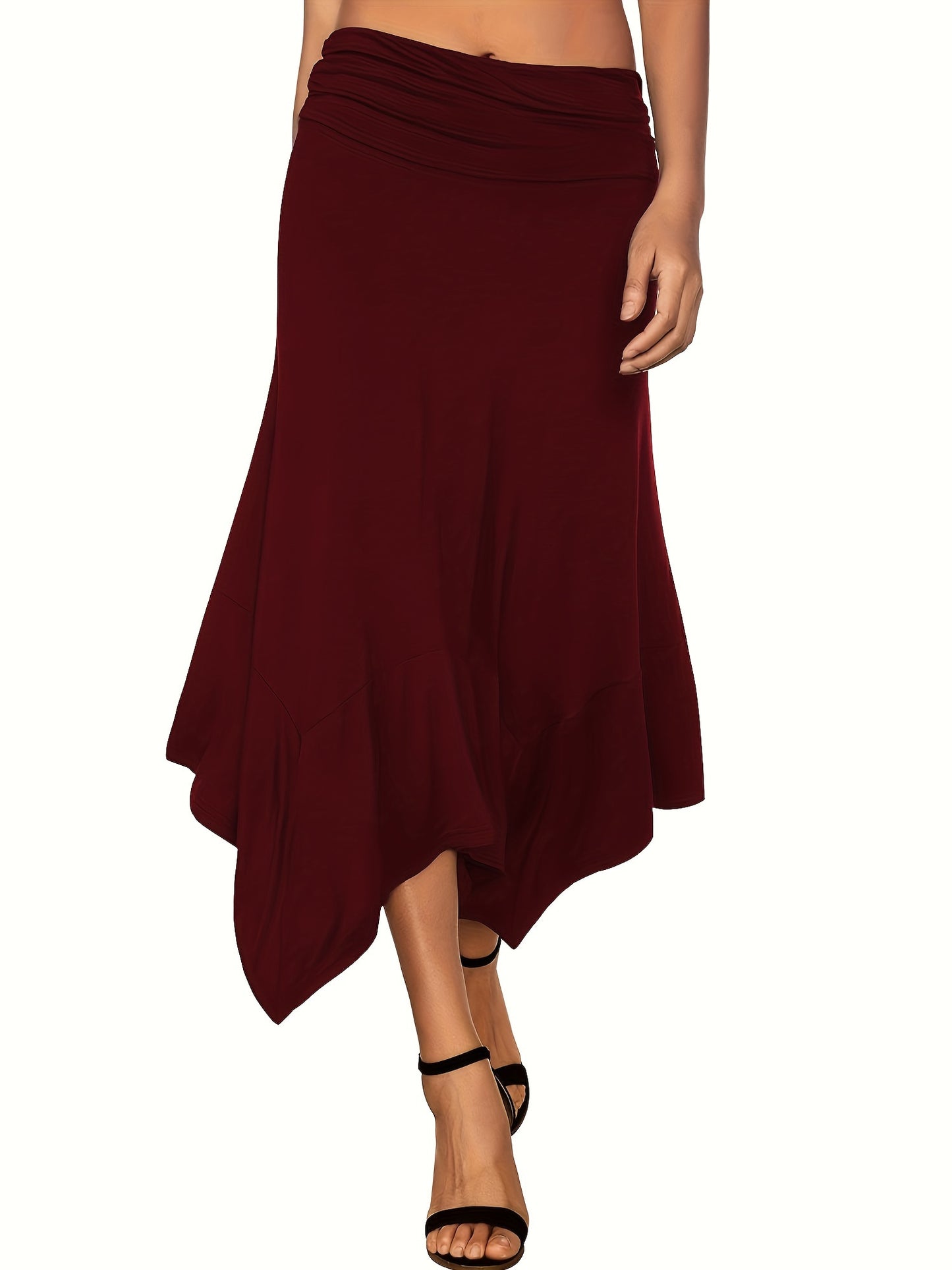 Solid Asymmetrical Hem Skirts, Casual Ruched Midi Skirts, Women's Clothing