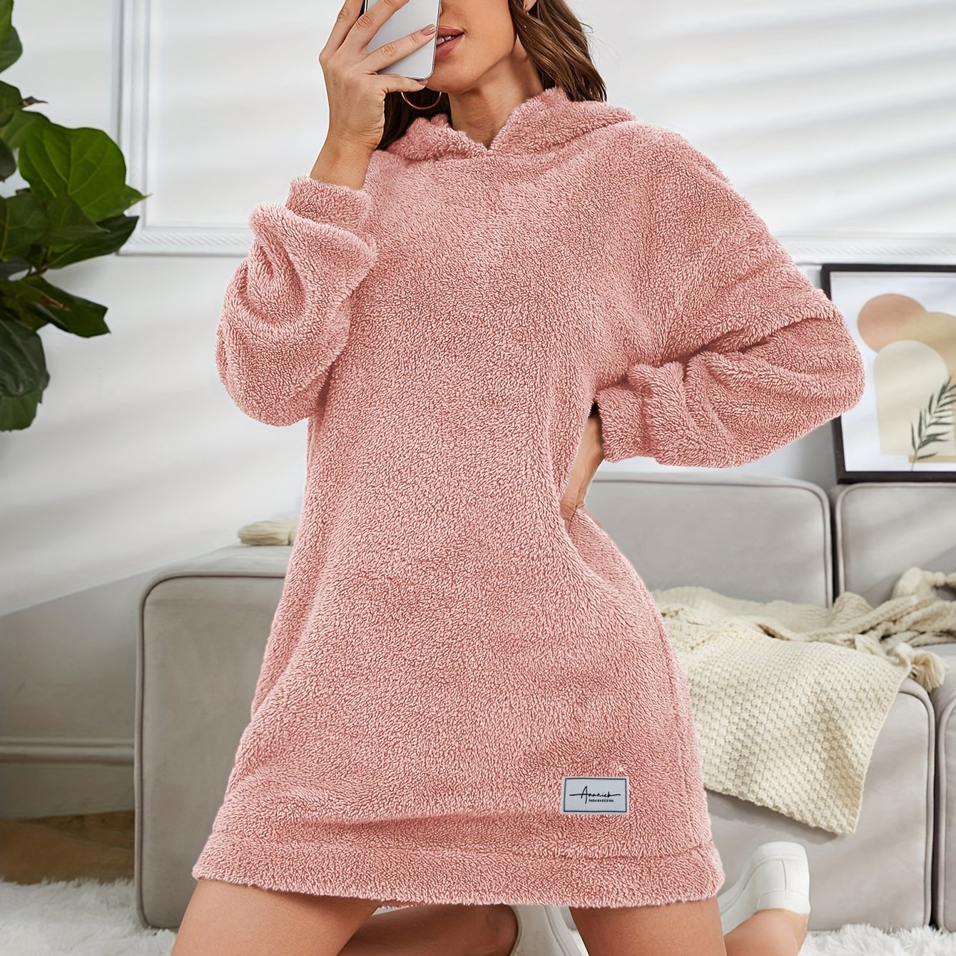 vlovelaw Hooded Teddy Dress, Casual Long Sleeve Simple Warm Dress, Women's Clothing