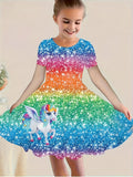 Glittering Girls Unicorn Dress - Sparkling 3D Sequin Print, Crew Neck, Short Sleeves - Perfect Summer Fashion for Dreamy Adventures!