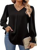 vlovelaw Solid V-neck Simple Blouse, Versatile Lantern Sleeve Blouse For Spring & Fall, Women's Clothing