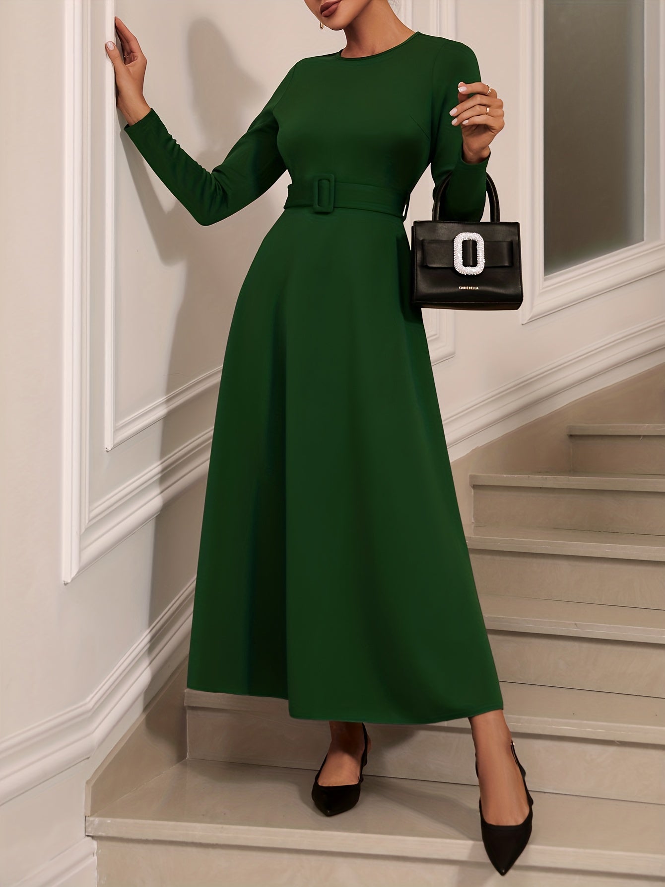 Solid Long Sleeve Belt Dress, Elegant Crew Neck Dress For Spring & Fall, Women's Clothing