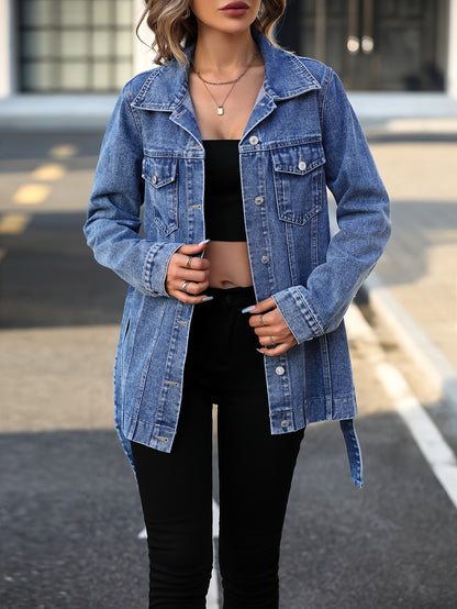 Blue Flap Pockets Denim Coat, Long Sleeves Lapel With Waistband Denim Jacket, Women's Denim Clothing