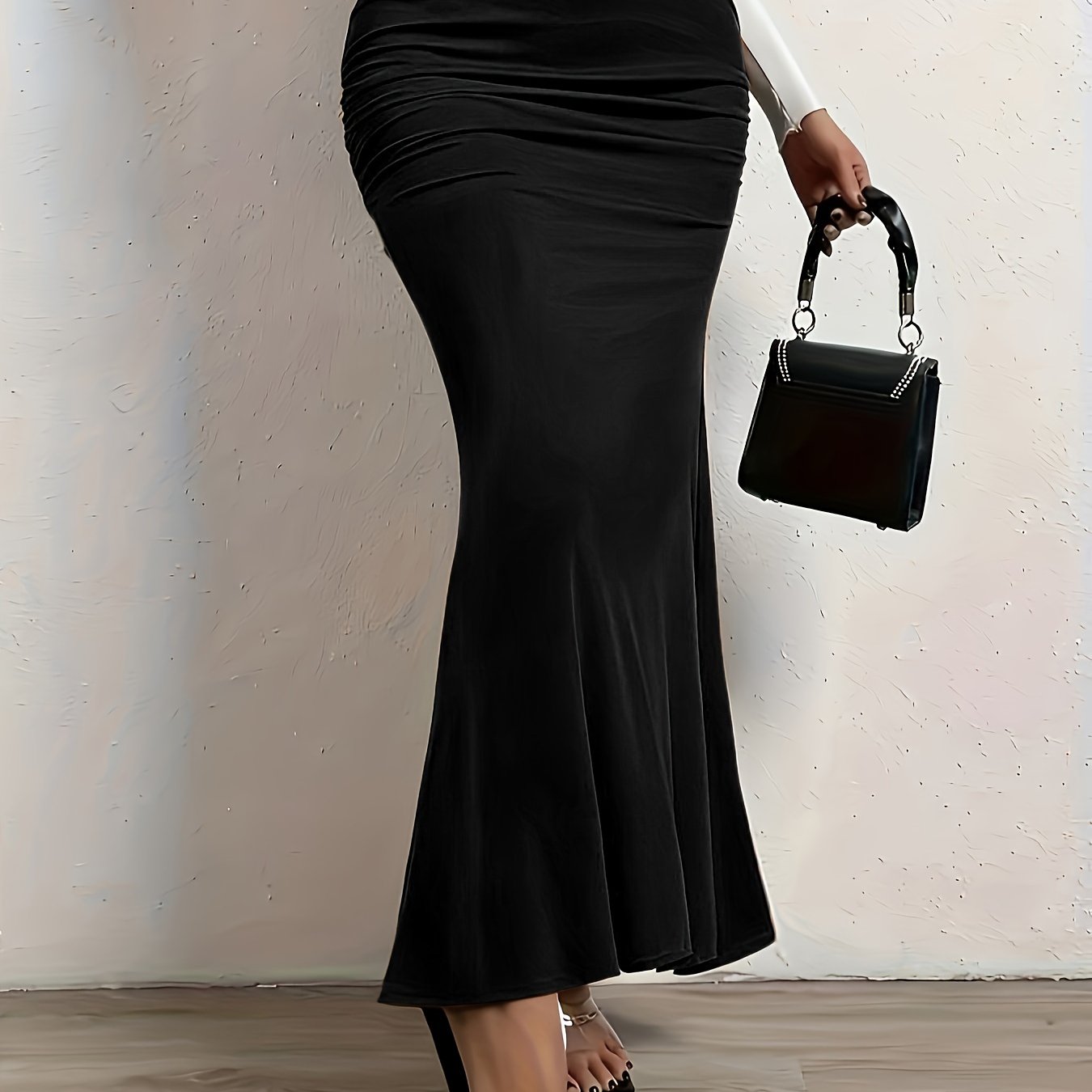 Plus Size Sexy Skirt, Women's Plus Solid Side Ruched Elastic High Rise Medium Stretch Maxi Mermaid Skirt