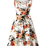 vlovelaw  Plus Size Elegant Dress, Women's Plus Floral Print Round Neck Medium Stretch Tank Dress