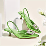 Chic All-Season Pointed-Toe Slingback Heels with Crystal Accents – Comfortable Faux Leather Sandals with Elastic Strap