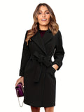 vlovelaw  Lapel Neck Belted Coat, Elegant Long Sleeve Coat For Fall & Winter, Women's Clothing