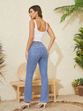 vlovelaw  Blue Double Button Bootcut Jeans, High Stretch Slant Pockets Casual Denim Pants, Women's Denim Jeans & Clothing