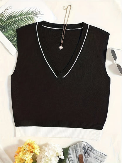 vlovelaw  Elegant V Neck Crop Knitted Vest, Sleeveless Sweater For Spring & Fall, Women's Clothing