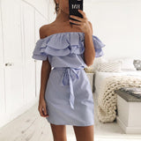 VLOVELAW In Stock European and American Foreign Trade Women's Clothing  Wish Summer Ruffle Sleeve Striped off-Shoulder off-Shoulder Collar Dress