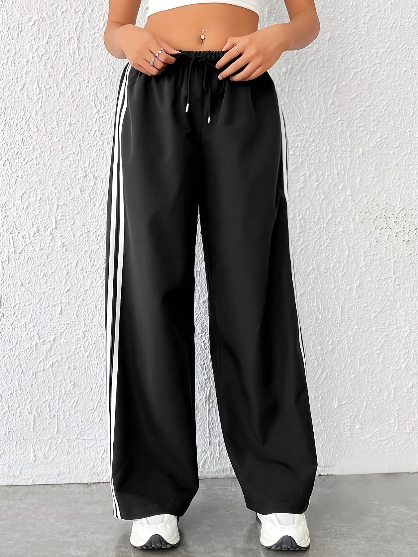 vlovelaw  Striped Drawstring Waist Pants, Casual Wide Leg Pants For Spring & Fall, Women's Clothing