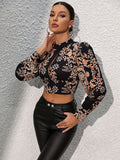 vlovelaw Ethnic Print Cut Out Crop Blouse, Vintage Long Sleeve Tie Back Blouse For Spring & Fall, Women's Clothing