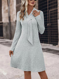 Solid Tie Decor Aline Dress, Elegant Long Sleeve Slim Dress For Spring & Fall, Women's Clothing