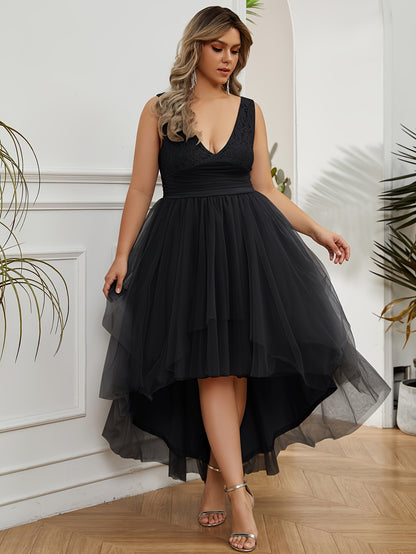 Plus Size Bridesmaid Dress - Exquisite Solid Mesh Stitching, Elegant V-Neck Tank Dress for Wedding Party Celebrations, Womens Plus Size Clothing, Ideal for Birthday Parties and Special Occasions