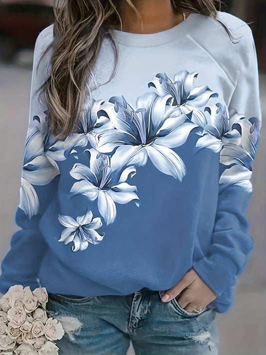 vlovelaw  Plus Size Casual Sweatshirt, Women's Plus Floral Print Long Sleeve Round Neck Medium Stretch Sweatshirt