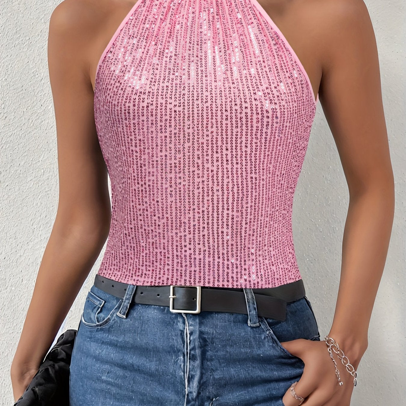 vlovelaw  Sequined Tie Back Halter Top, Elegant Sleeveless Top For Summer, Women's Clothing