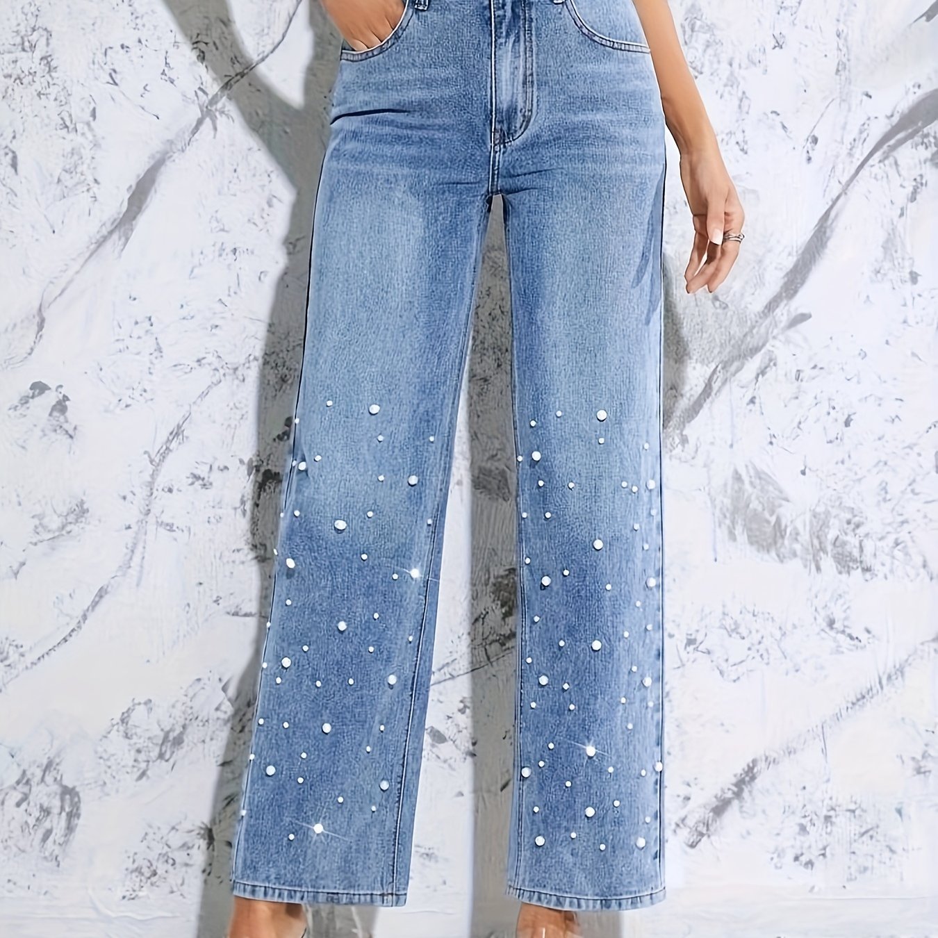 vlovelaw Faux Pearl Decor Fashion Straight Jeans, High Waist Slash Pocket Versatile Washed Denim Pants, Women's Denim Jeans & Clothing