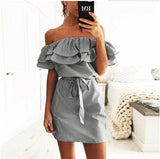 VLOVELAW In Stock European and American Foreign Trade Women's Clothing  Wish Summer Ruffle Sleeve Striped off-Shoulder off-Shoulder Collar Dress