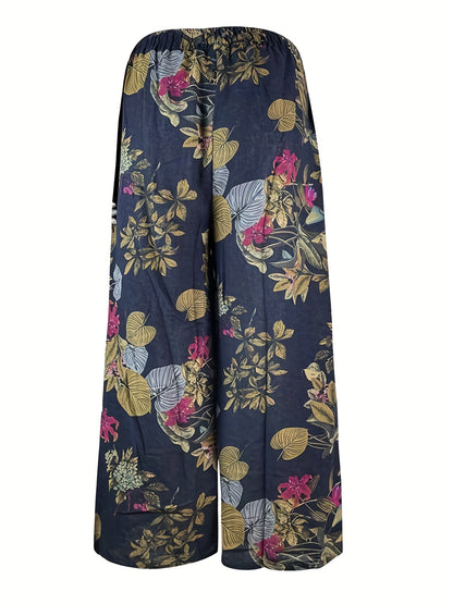 Plus Size Elegant Pants, Women's Plus Floral Print Drawstring Elastic Wide Leg Pants