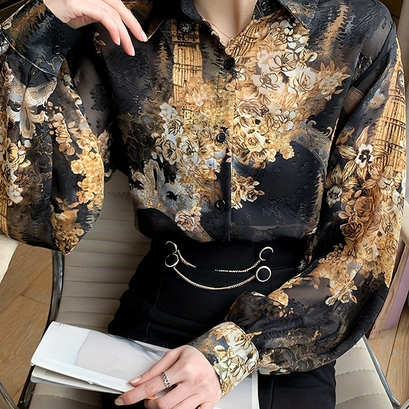 Floral Print Button Front Shirt, Casual Long Sleeve Shirt For Spring & Fall, Women's Clothing