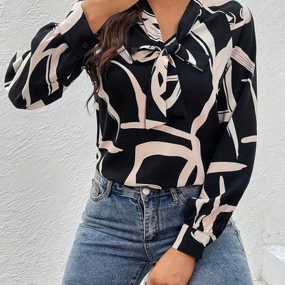 Abstract Print Blouse , Elegant Button Up Lapel Shirt , Women's Clothings