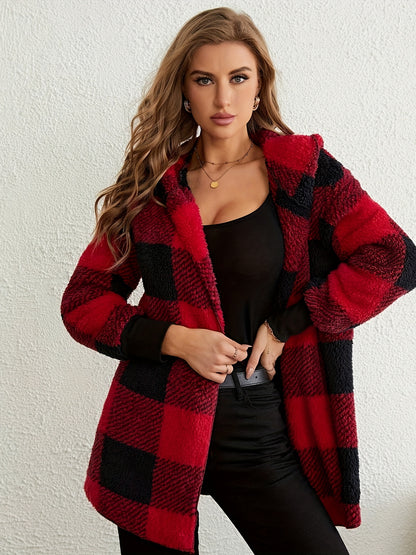 vlovelaw  Plaid Print Open Front Fuzzy Coat, Casual Long Sleeve Hooded Coat For Fall & Winter, Women's Clothing