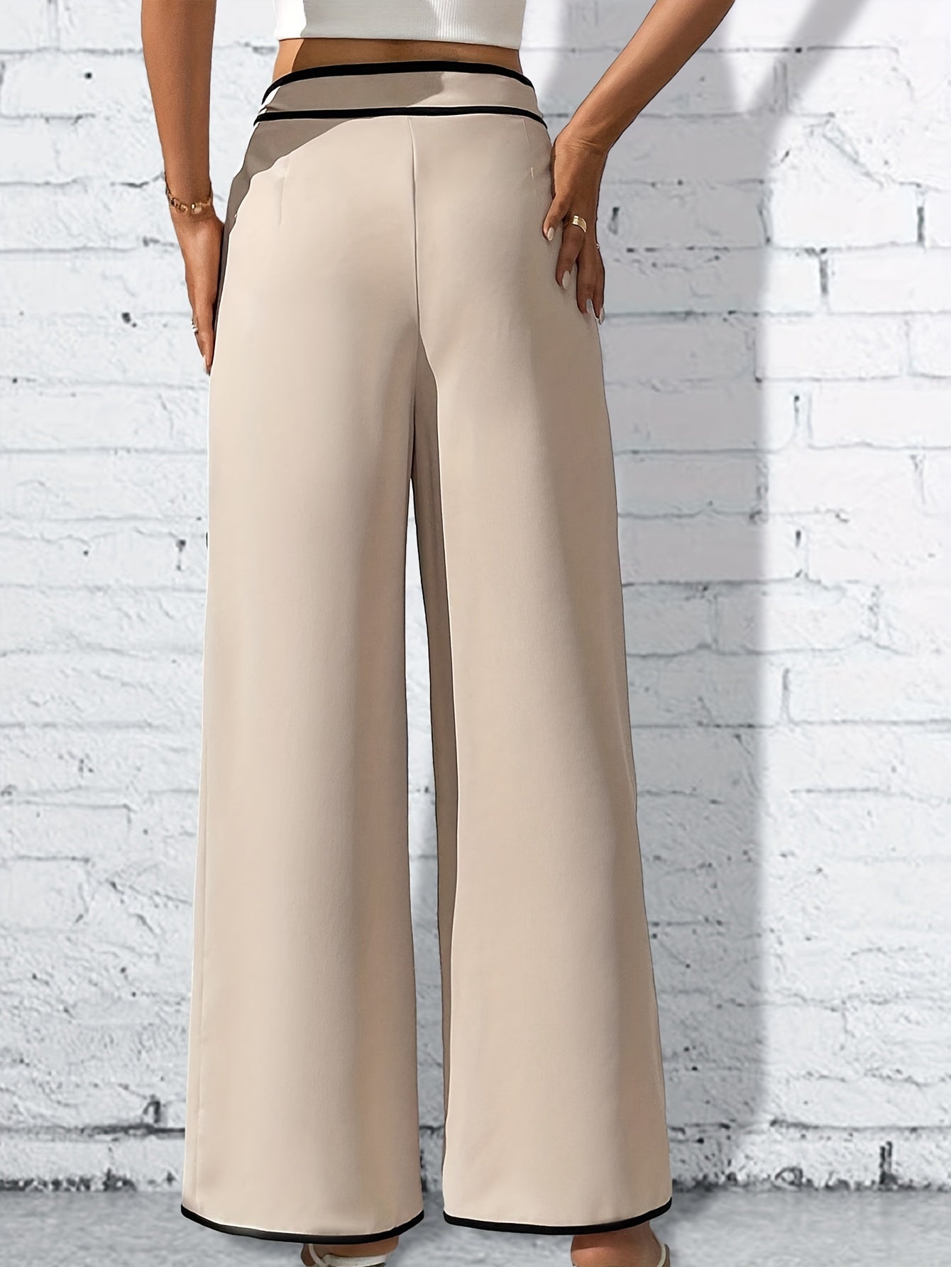 vlovelaw  Contrast Trim Lace Up Pants, Elegant High Waist Wide Leg Pants, Women's Clothing