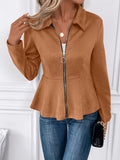 Solid Ruffle Trim Zipper Jacket, Vintage Long Sleeve Outwear For Fall & Winter, Women's Clothing