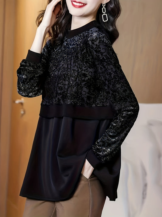 vlovelaw Floral Pattern Blouse, Elegant Crew Neck Long Sleeve Blouse, Women's Clothing