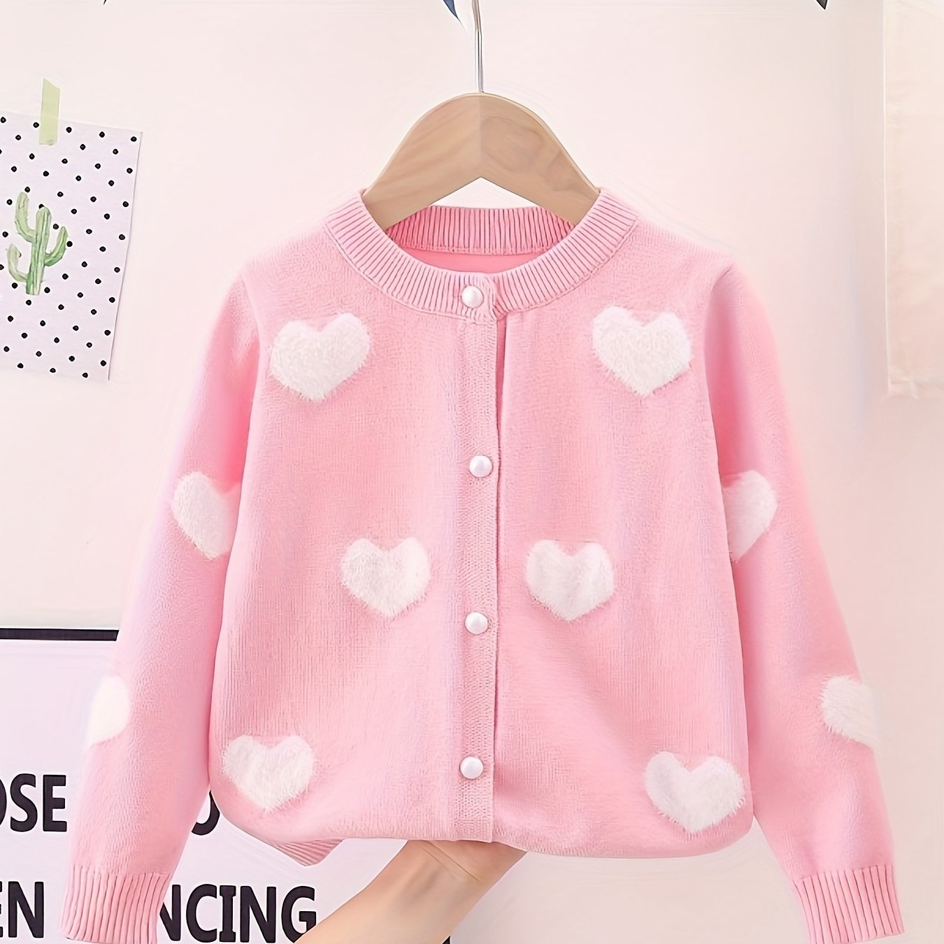 Adorable Girls Heart Pattern Knit Cardigan - Soft Long Sleeve Crew Neck Sweater Jacket with Cute Button Detail - Perfectly Short for a Chic, Elegant Style