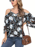 vlovelaw  Print V-neck Loose Off Shoulder Blouses, Casual Mesh Flutter Sleeve Fashion Shirts Tops, Women's Clothing