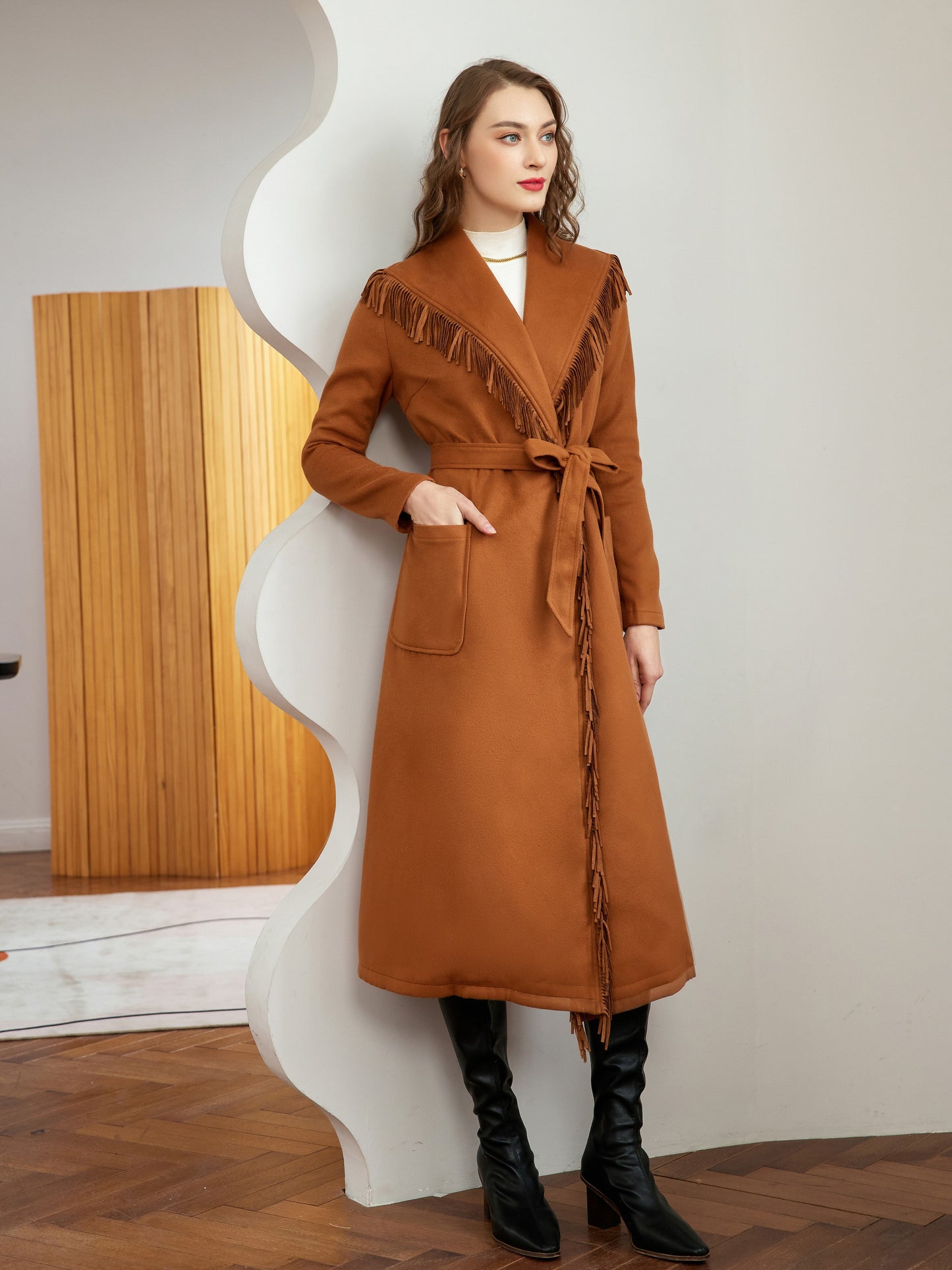 vlovelaw  Tassel With Pocket Solid Coat, Casual Belted Long Sleeve Coat For Fall, Women's Clothing