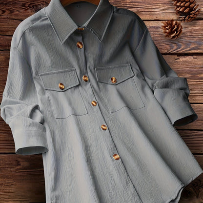 Solid Polo Collar Button Shirt, Casual Long Sleeve Shirt For Spring & Fall, Women's Clothing