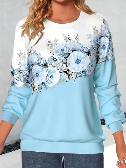 vlovelaw  Crew Neck Flowers Print Sweatshirt, Casual Sports Running Long Sleeve Tops, Women's Clothing