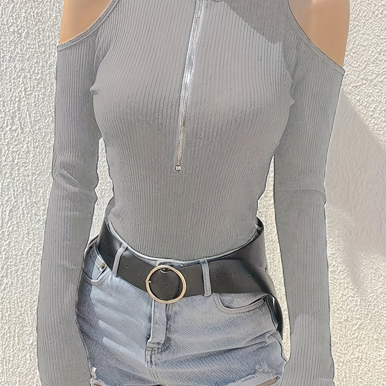 vlovelaw  Ribbed Zip Front Mock Neck T-Shirt, Casual Cold Shoulder Long Sleeve Top For Spring & Fall, Women's Clothing