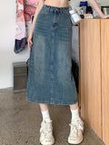 vlovelaw Split Back High Waist Denim Midi Skirt, Fashion Non-stretch A-line Elegant Denim Skirt, Women's Denim Clothing