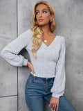 vlovelaw  Ribbed V Neck T-shirt, Elegant Long Sleeve Top For Spring & Fall, Women's Clothing