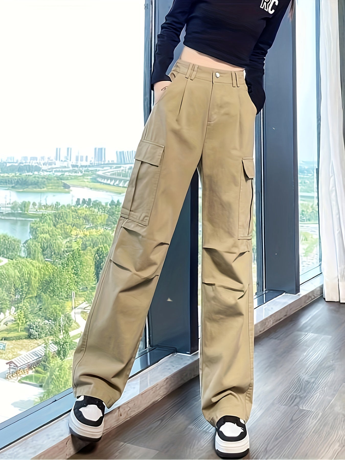 vlovelaw  Solid Straight Leg Cargo Pants, Y2K Flap Pocket High Waist Loose Pants, Women's Clothing