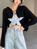 vlovelaw  vlovelaw  Star Pattern Zip-up Crop Jacket, Chic Long Sleeve Drawstring Hooded Knit Cardigan, Women's Clothing