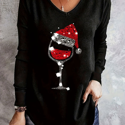 vlovelaw Christmas Hat & Wine Glass Print T-Shirt, Casual V Neck Long Sleeve T-Shirt For Fall & Winter, Women's Clothing