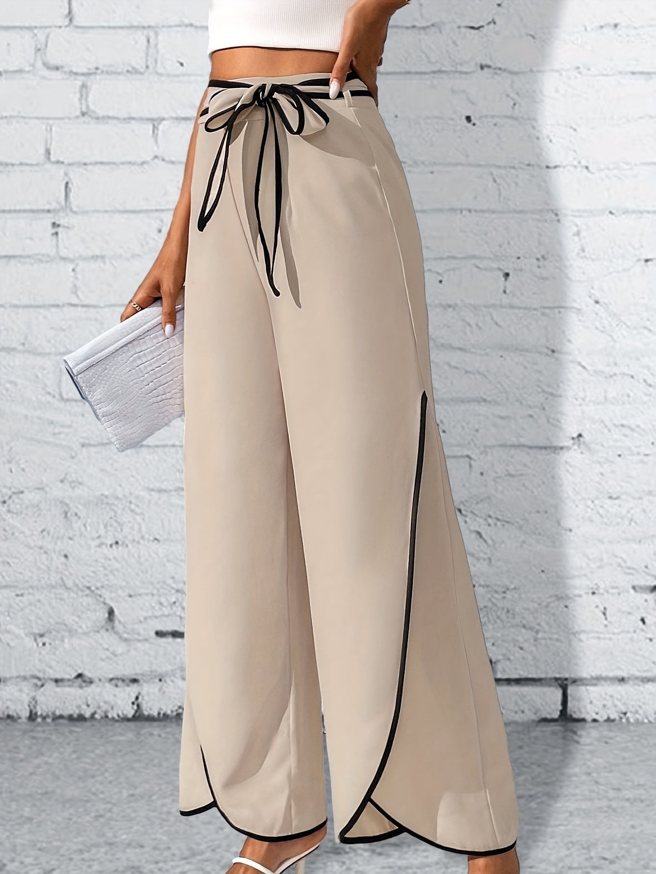 vlovelaw  Contrast Trim Lace Up Pants, Elegant High Waist Wide Leg Pants, Women's Clothing